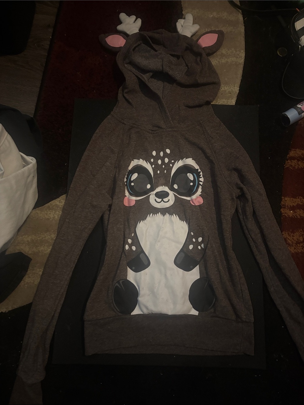 y2k Women’s Brown Deer Graphic Hoodie Sweater with Ear-Accent Hood Size small